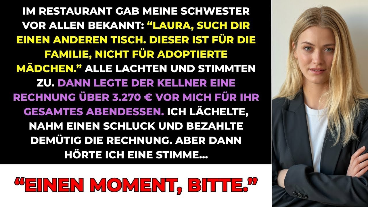 „Geh und such dir einen anderen Tisch. Dieser ist für die Familie, nicht für adoptierte Mädchen.“ Mit diesen Worten demütigte mich meine Schwester Claudia im teuersten Restaurant Münchens – und...