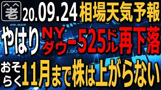 【相場天気予報】いったん反発した米市場が再下落。NYダウが-525ドルの大幅安となった。しかし日経はさほど下がらず、なぜかドルと金が上昇している。米大統領選まで株価は上がらない?ラジオヤジの相場解説。