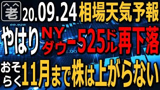 【相場天気予報】いったん反発した米市場が再下落。NYダウが－525ドルの大幅安となった。しかし日経はさほど下がらず、なぜかドルと金が上昇している。米大統領選まで株価は上がらない？ラジオヤジの相場解説。