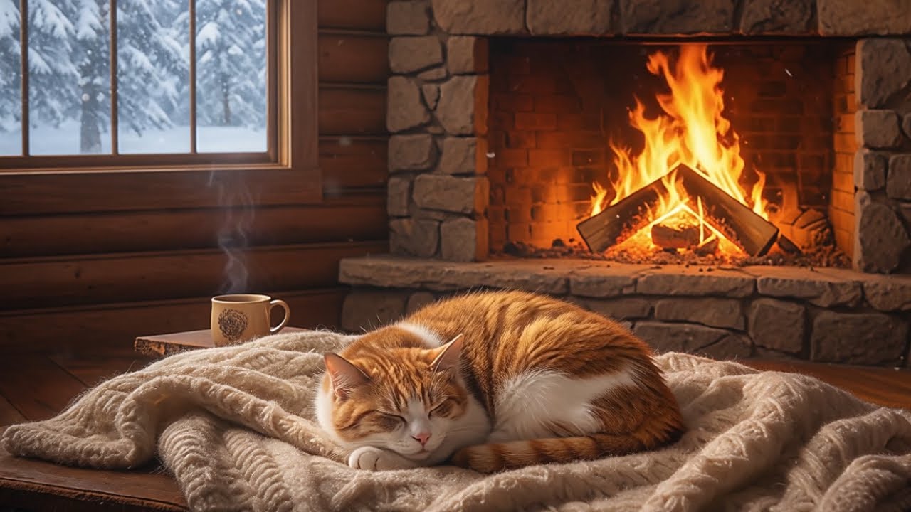 Cozy Winter Cabin Ambience ❄️ Cat Sleeping by the Fireplace 🔥 