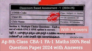 Ap 8th class CBA-1 FA-1 Maths question paper and answers 2024|8th Maths FA1 question paper 2024