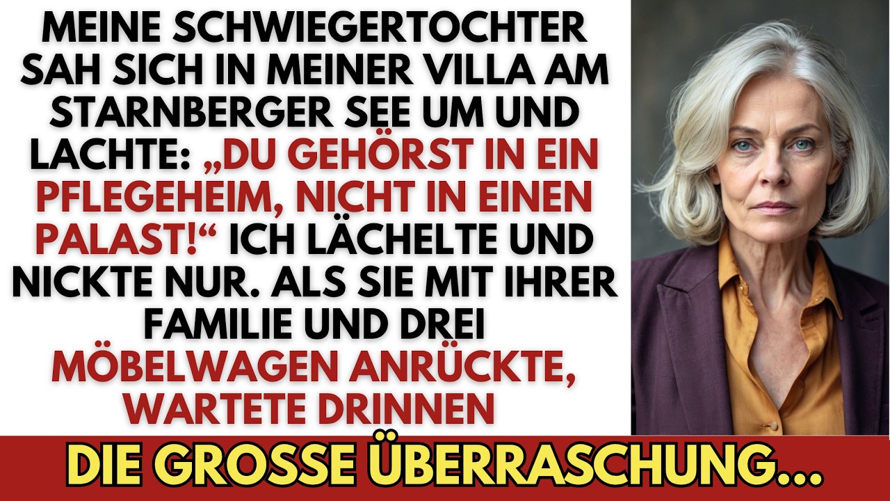 Ich stand in meiner eigenen Villa am Starnberger See, als meine Schwiegertochter lachte und sagte: „Du gehörst in ein Pflegeheim, nicht in einen Palast.“ Mein Sohn stand daneben und schwieg. Zwei...