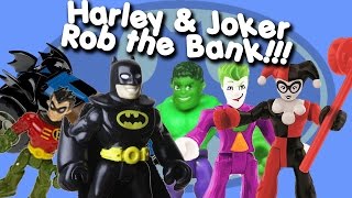 JOKER & HARLEY QUINN vs BATMAN & ROBIN rob gotham city bank, and hulk save the day imaginext toys