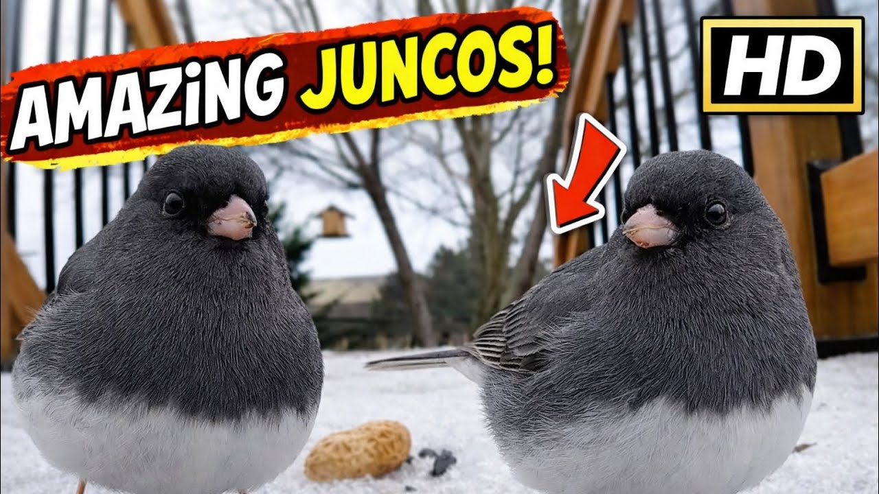 Dark-Eyed Juncos Eating Up-Close in a Winter Rain | Backyard Bird POV HD