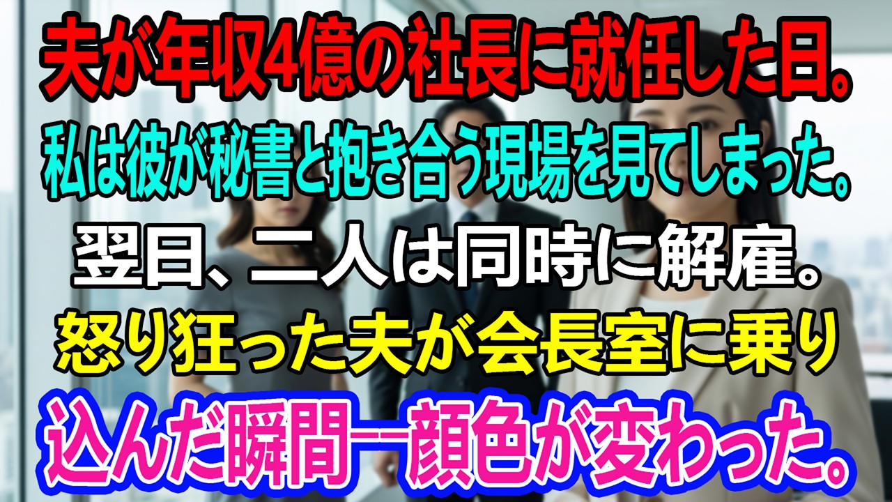 夫が年収4億の社長に就任した日。私は彼が秘書と抱き合う現場を見てしまった。翌日、二人は同時に解雇。怒り狂った夫が会長室に乗り込んだ瞬間――顔色が変わった。