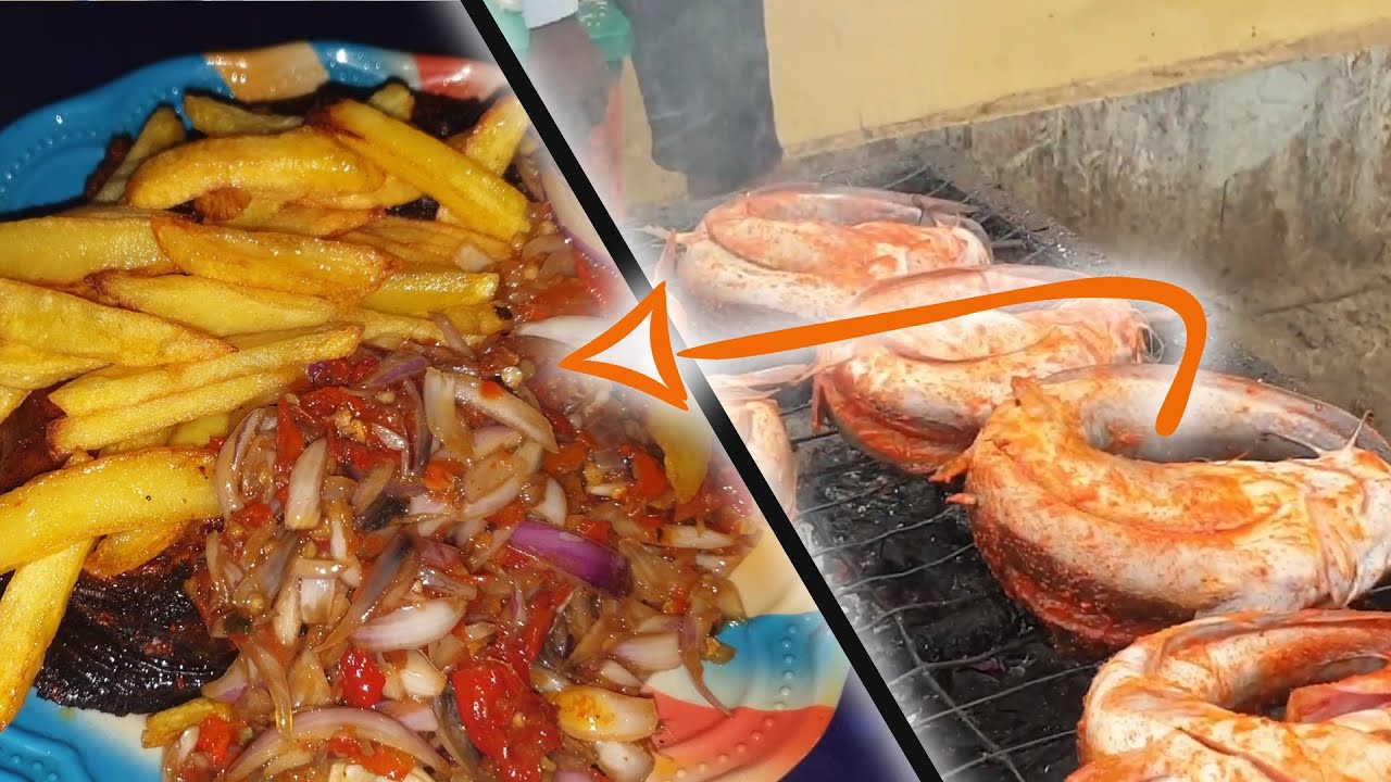 Nigerian Food - Roasted Fish, Chips and Peppered Stir Fry #StreetFood