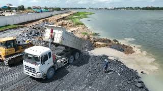 Full Video Lake fill By SHANTUI Bulldozer Pushing Rock and truck SHACMAN Spreading Rock