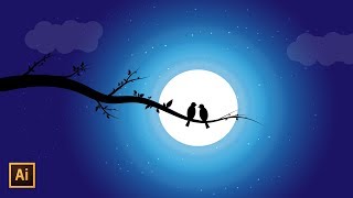 Night sky Vector Illustration with Silhouette Moonlight Illustration  Illustrator Tutorial