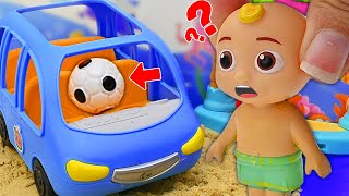 JJ goes looking for a ball at the beach and meets a shark | Pretend Play with Cocomelon Toys