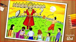 How to draw Dussehra ground scene || Indian festival Vijayadashami drawing - step by step