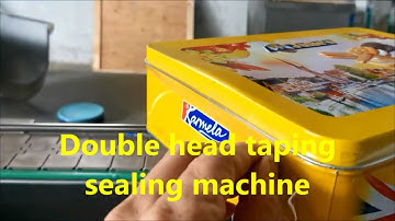 Automatic biscuit tin box tape sealing machine,double head taping sealing machine for metal bottle