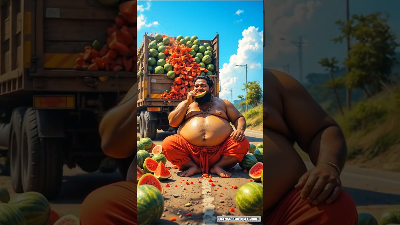 A Fatty Man Eats truck of pizza and watermelon 