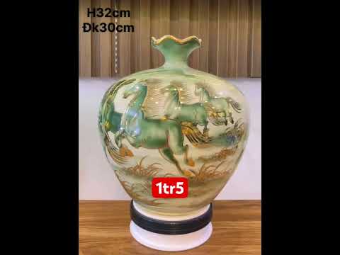 Mã đáo thành công màu xanh h32cm dk30cm bình hút lộc bát tràng vẽ vàng