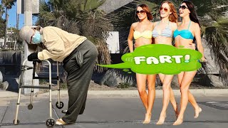 Fat Grandpa Farts on People at Beach in Santa Monica!! (Great Reactions!!)