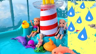 Water Park ! Elsa \& Anna toddlers and friends - splash beach -  water slide - Barbie dolls