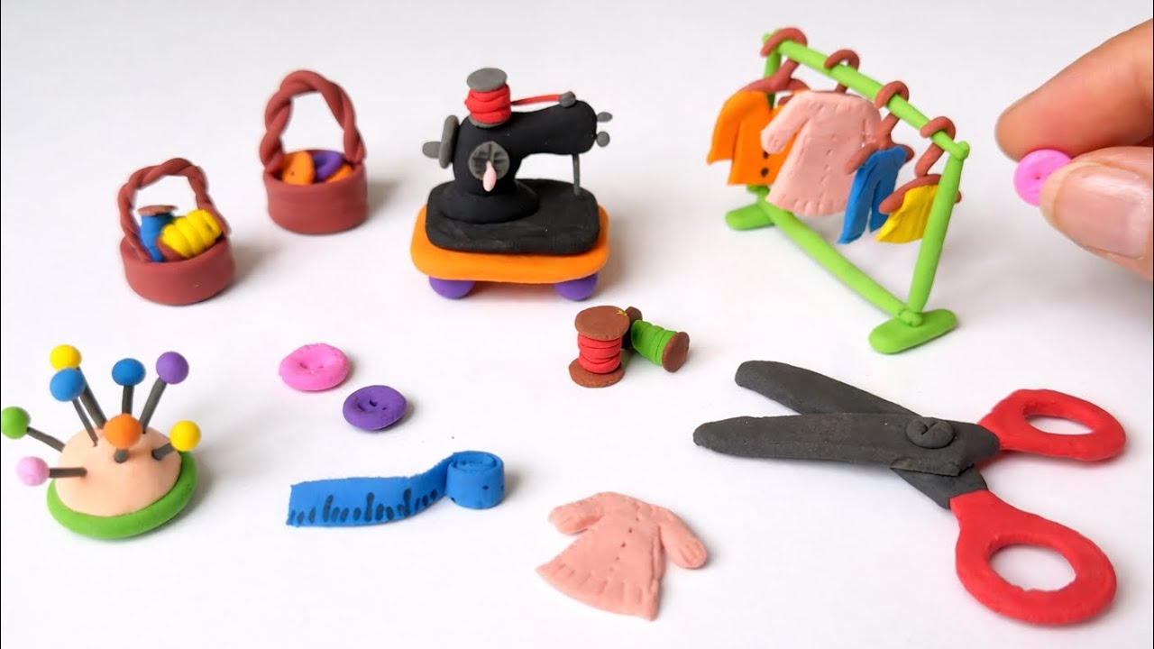 DIY How to Make a Polymer Clay Miniature Sewing Room with Sewing Machine, Clothes, Scissors & Thread