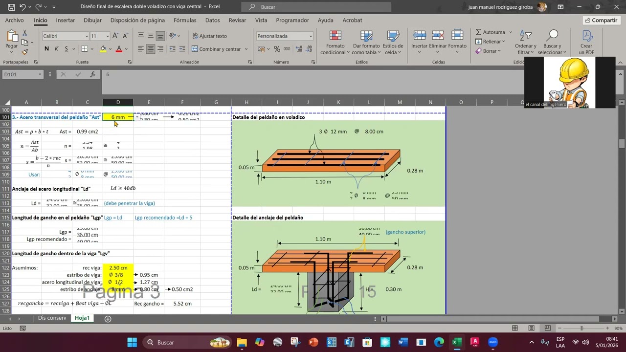 diseño de escalera doble voladizo con viga central