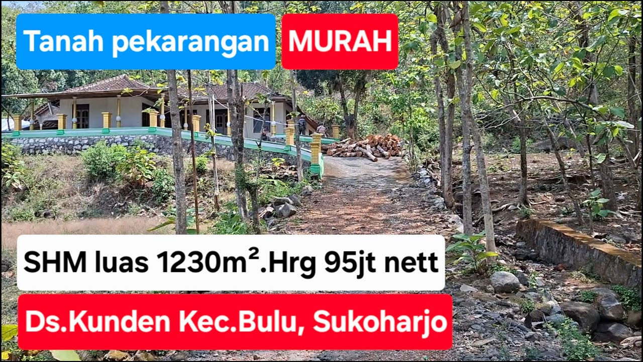 Dijual tanah pekarangan SHM luas 1230m².Hrg 95jt nett.Lokasi Ds.Kunden Kec.Bulu Kab.Sukoharjo.