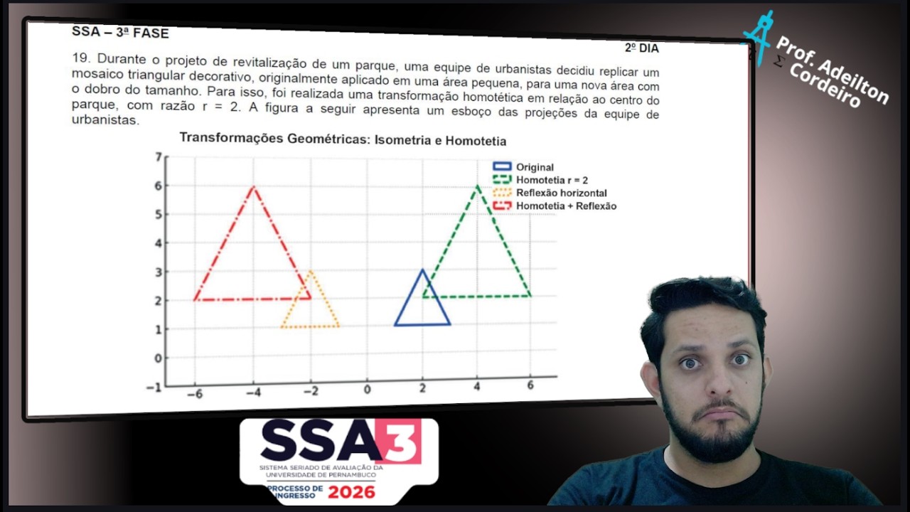 QUESTÃO 19 SSA3 2026 - Isometria e Homotetia - Translação, rotação, reflexão, ampliação, redução.