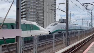 【奇跡の組み合わせ！！】E3系2000番台ｶﾀL65編成（銀色つばさ復刻塗装）＋JR東日本新幹線E2系1000番台J66編成『国鉄200系復刻塗装』が武蔵浦和駅を通過するシーン（2023.9.10昼）