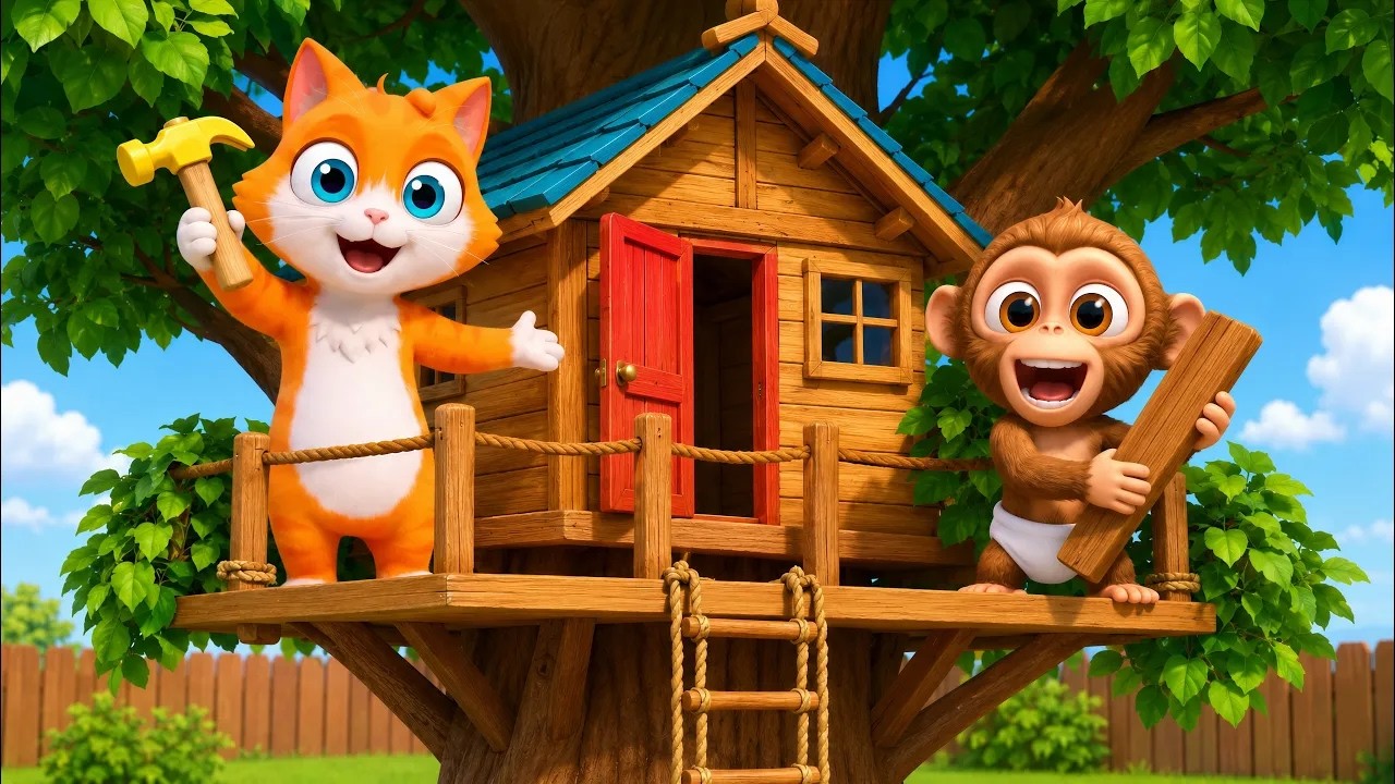 CAT & BABY MONKEY Built a SECRET TREEHOUSE!