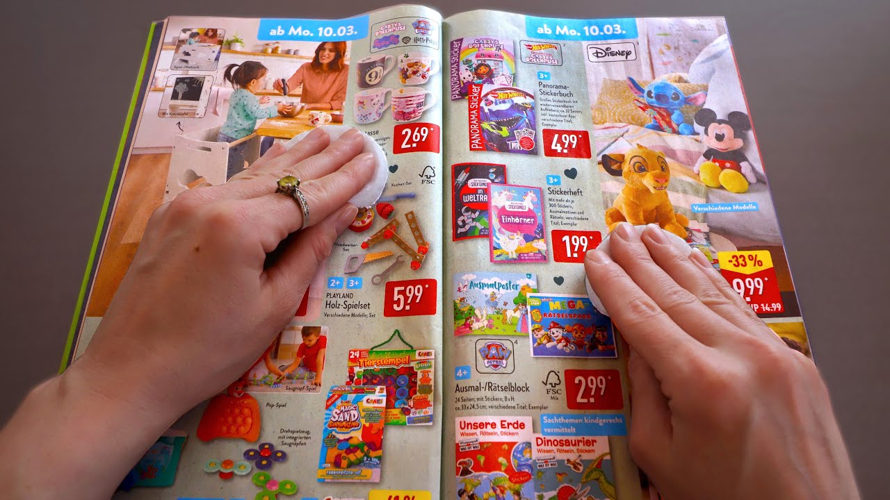 ASMR ALDI PROSPEKT💐(MÄRZ 2025) | Paper Sounds, Wattepads, Holzkamm, Holzstäbchen, Tracing & Brushing