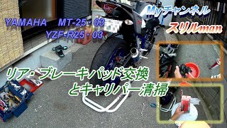 YAMAHA MT 25のリア・ブレーキパッドをデイトナの赤パッドに交換とキャリパの清掃