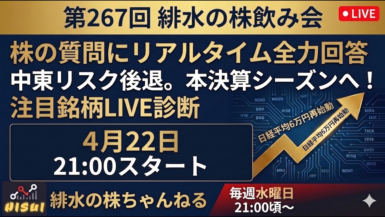 日経6万円へ再始動!中東リスク後退で「本決算」はどう動く?皆さんの持株・気になる銘柄をリアルタイム診断!【第267回 緋水の株飲み会】