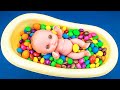 Oddly Satisfying ASMR l Glossy Bathtub Full of Skittles Candy with Slime Milk Bottle & Color Cutting