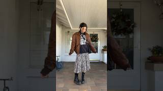 Winter Outfit Styling Vintage Brown Leather Bomber Jacket, Sweatshirt, Maxi Dress &amp; Dr. Martens