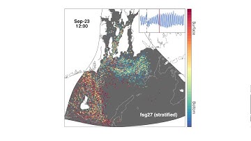 ROMS 3D Lagrangian drifters with depths: Floyd (1999) stratified run