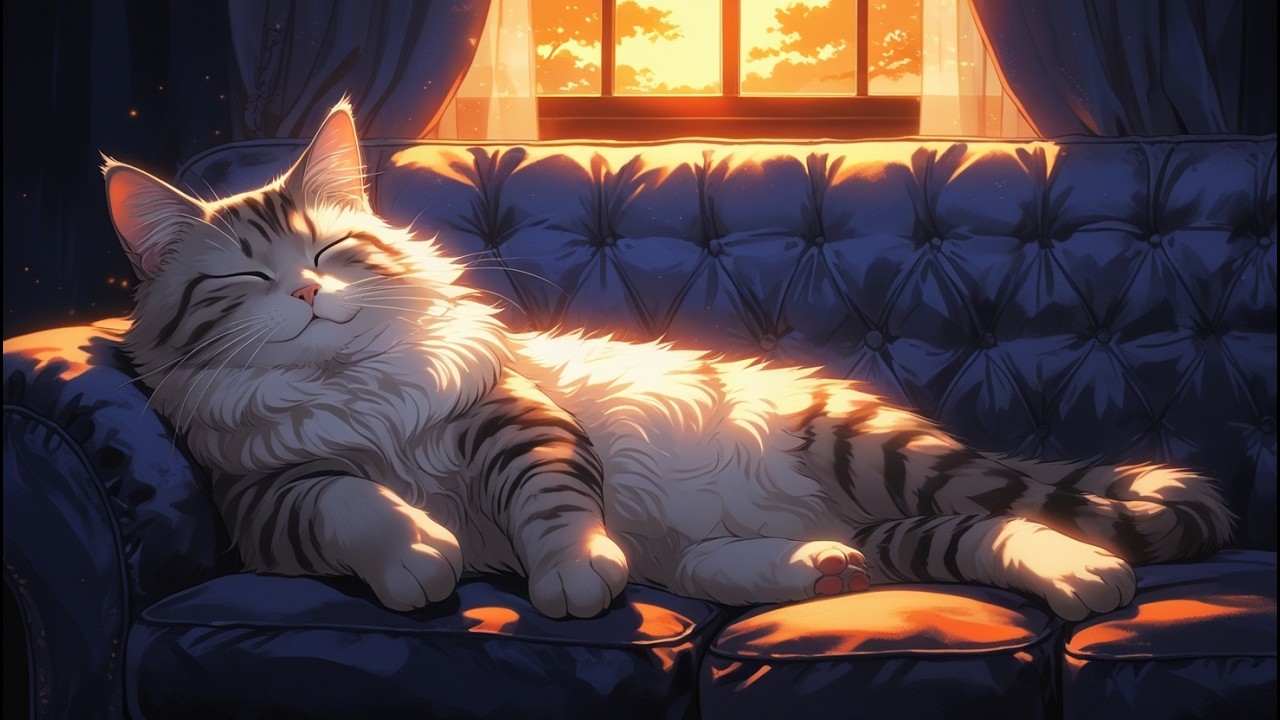 Golden Glow: Serene Cat on a Plush Sofa at Sunset