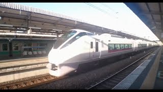 (広角) 特急上り、E657系10連、通過(103km/hr)。快速上り、E231系、退避。バイノーラル録音+α