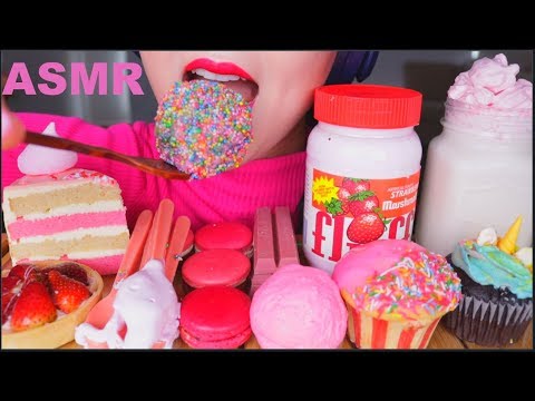 ASMR PINK FOOD | EDIBLE SPOONS, MOCHI ICE CREAM, MARSHMALLOW FLUFF, MACARONS, KIT KAT, CAKE 咀嚼音 | 먹방