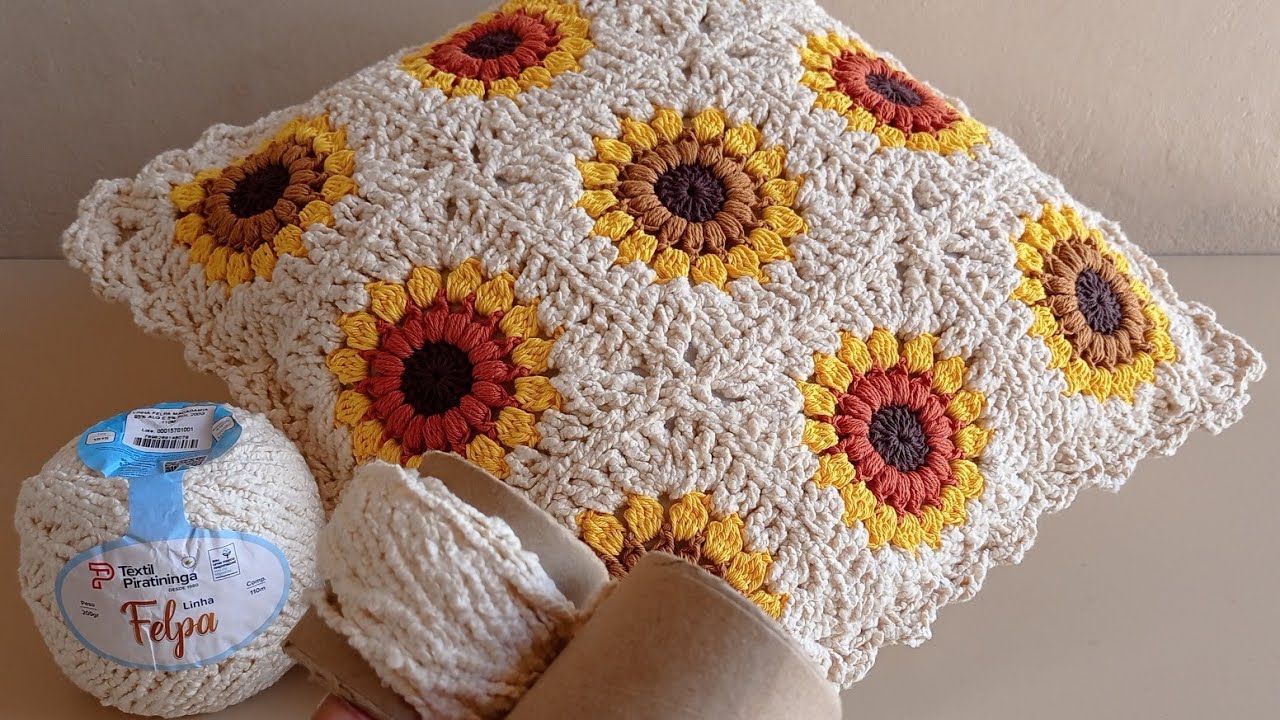 ALMOFADA DE CROCHÊ GIRASSOL com Linha Felpa e Barbante Persa- granny square crochet