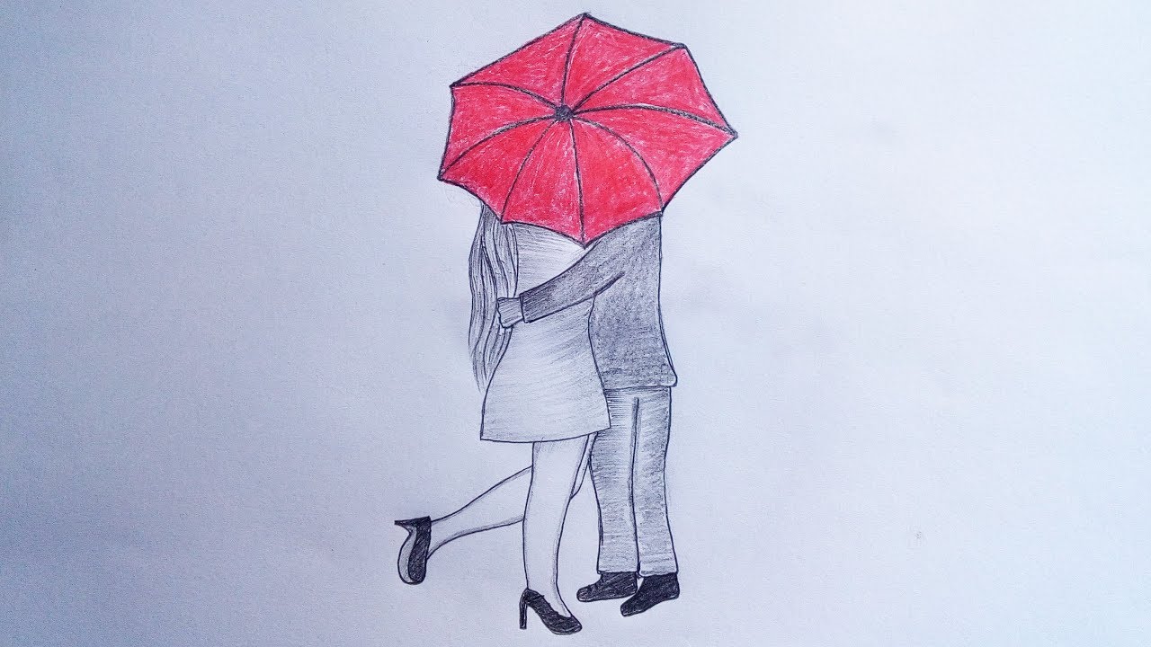 How To Draw A Couple Under An Umbrella Easy Pencil Sketch Drawing