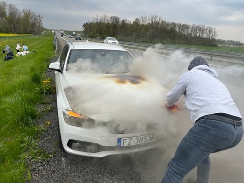 Pożar BMW na trasie, ewakuacja rodziny i kota! Bohaterska walka kierowców z ogniem!!! Znów EGR? (PL)