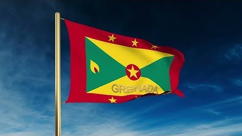 4K Grenada flag slider style with title. Waving in the wind with cloud background animation Stock