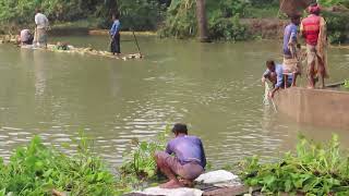 Cast net fishing scenes in river of villagers