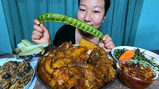 Pork And Fermented Bamboo Shoot Curry || Stink Bean Chutney || Boiled Chayote || Raw king Chilli