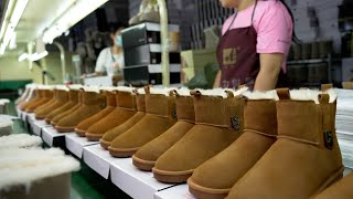 The process of mass production of warm, high quality leather wool snow boots.