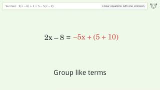 Solve 2(x-6)+4=5-5(x-2): Linear Equation Video Solution | Tiger Algebra