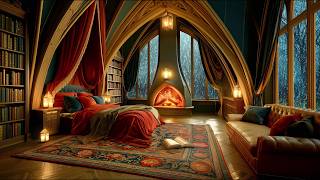 Opulent Castle Library Bedroom | Rain, Fireplace and Thunder Sounds for Deep Sleep