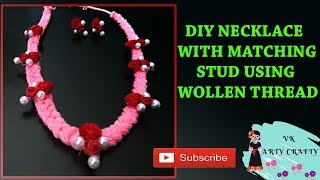 DIY How to make necklace with matching stud using wollen thread