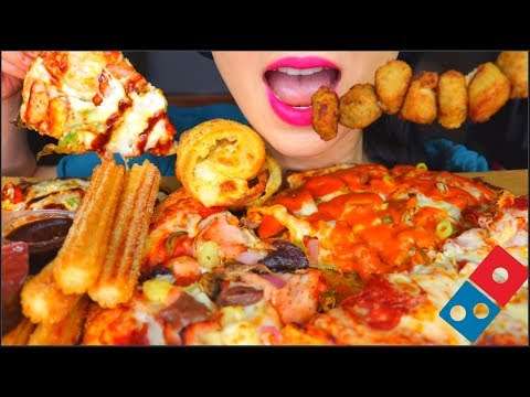 ASMR PIZZA FEAST DOMINOS AUSTRALIA, CHURROS, MEATBALLS, CHOCOLATE SAUCE, CHEESY  | 咀嚼音 먹방