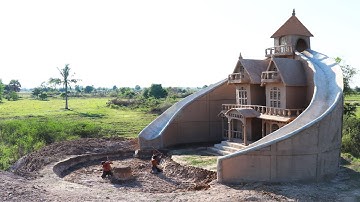 Build Swimming Pool And Twin Water Slide Around Mud Victorian House By Ancient Skills [part 3]