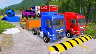 Double Flatbed Trailer Truck vs Speedbumps Train vs Cars | Tractor vs Train Beamng.Drive 32