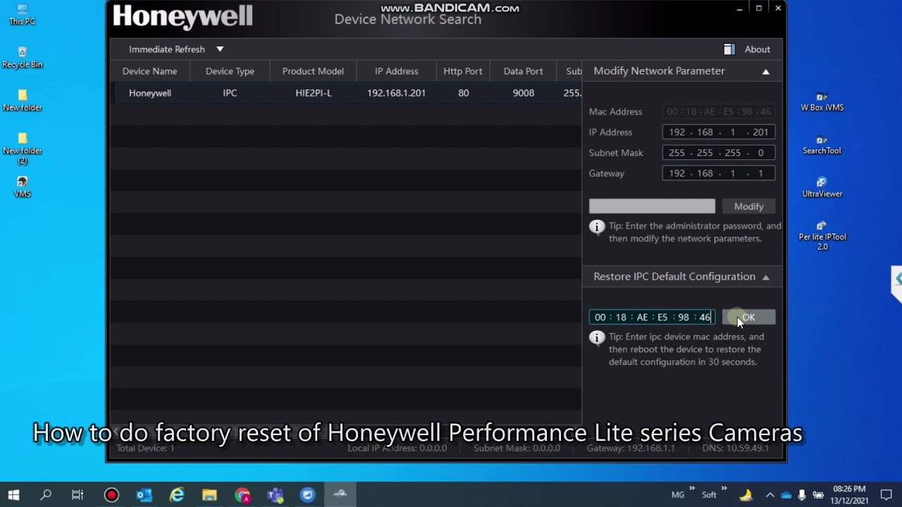 How to do factory reset of Honeywell Performance Lite Series Cameras