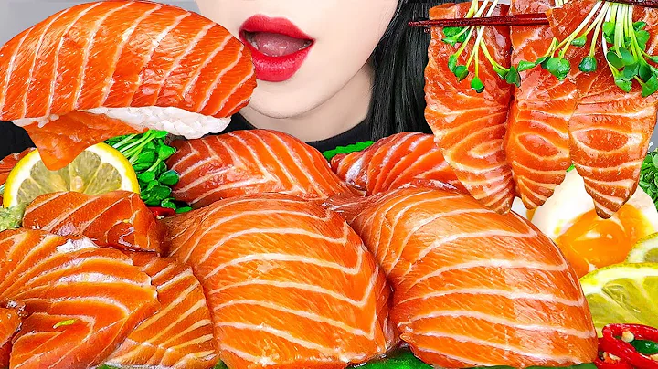 ASMR MARINATED SALMON, GIANT SUSHI ,   RAW SEAFOOD...