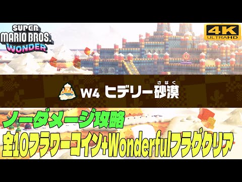 スーパーマリオブラザーズ ワンダー ノーダメージ攻略 ワールド4 ヒデリー砂漠 フラワー諸島 4 全10フラワーコイン Wonderfulフラグクリア